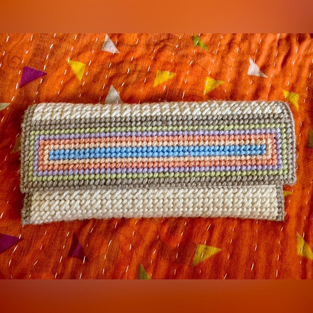Vtg 70s Handmade Crochet Knit Clutch Bag Pastels Cottage Boho